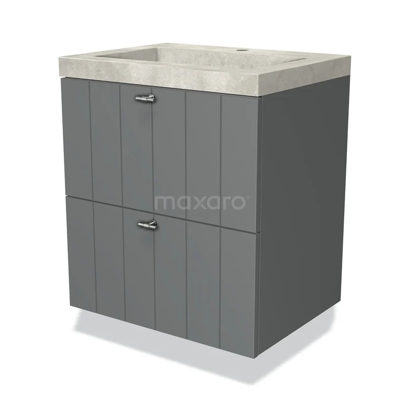 Grijs badkamermeubel met twee lades, verticale lijnen en een betonlook wastafel; modern en functioneel design.