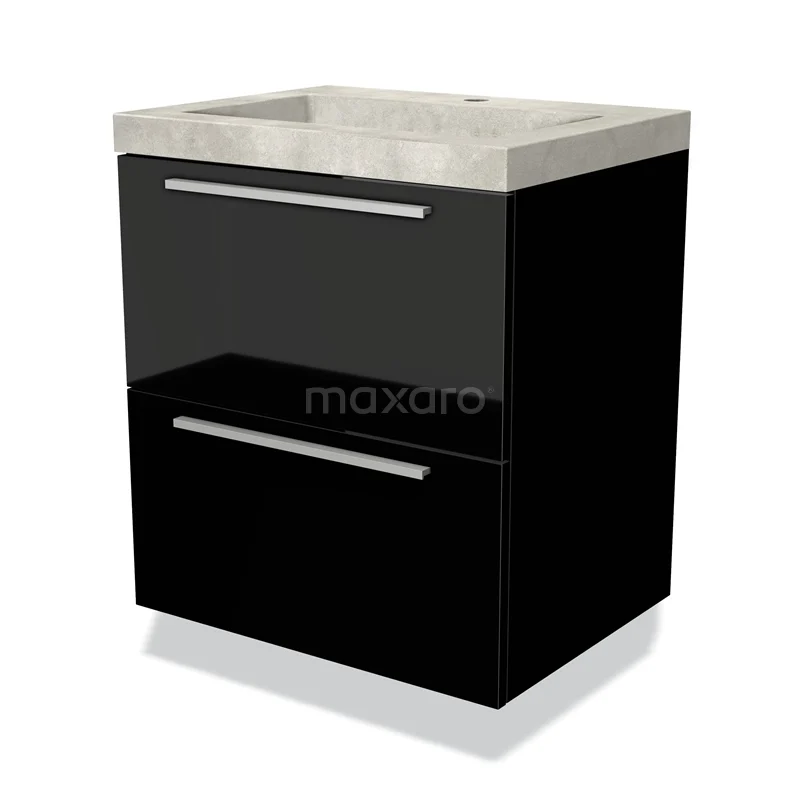 Badmöbel 60cm Modulo Hochglanz Schwarz 2 Schubladen Flaches Waschbecken Beton Greige BMW17-02459 Schwarz Badmöbel mit zwei Schubladen, Hochglanz-Finish und keramischem Waschbecken, ideal für moderne Badezimmerlayouts.