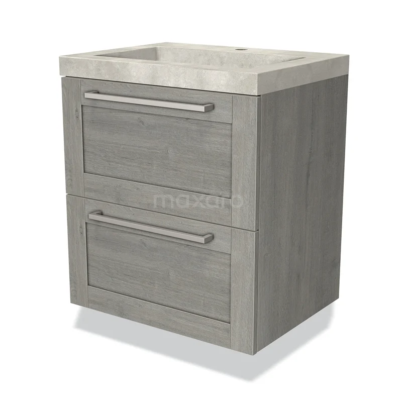 Houten badkamermeubel met 2 lades en betonnen wastafel, modern design, ideaal voor stijl en opbergruimte in de badkamer.