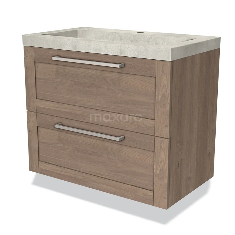 Houten wastafelmeubel met twee lades, serie Oakline, inclusief lichtgrijs kunststof wastafelblad voor een moderne badkamer.