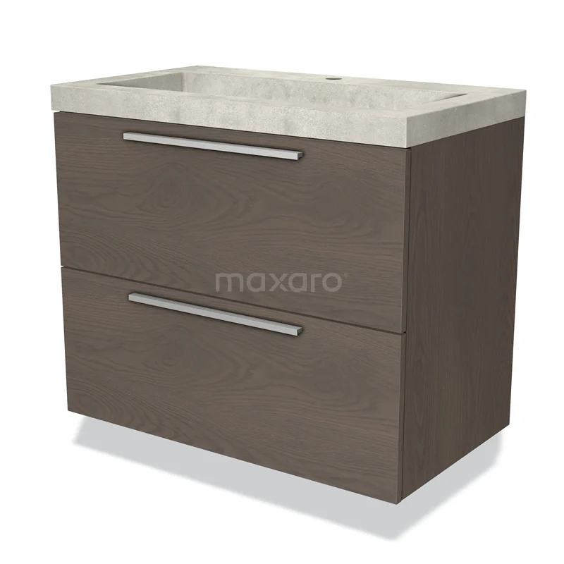 Moderne badkamermeubel met bruin houten afwerking, twee lades en een lichtgrijs wastafelblad van keramiek.