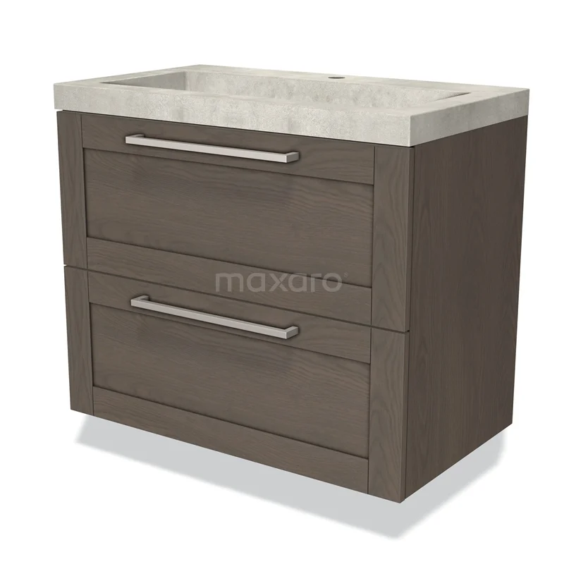 Moderne houten badkamermeubel met twee lades, metalen handgrepen en natuurstenen wasbak, perfect voor stijlvolle badkamers.
