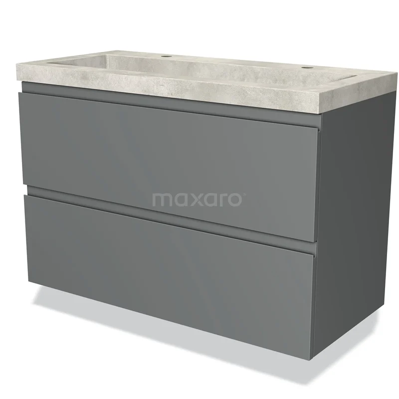 Moderne grijze badkamermeubel met betonlook wastafel, strak design en twee ruime lades voor optimale opbergruimte.