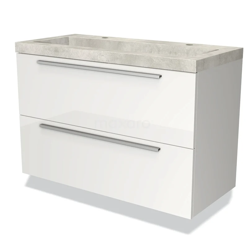 Wit badkamermeubel met twee lades en een betonnen wastafelblad, modern design, ideaal voor een stijlvolle badkamerinrichting.