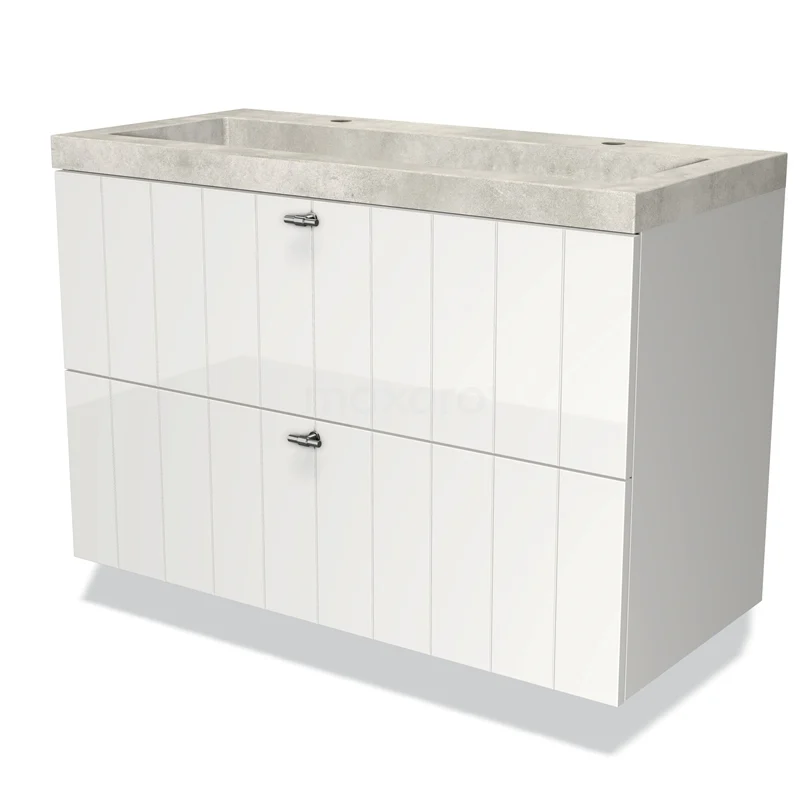 Modulo Bathroom furniture with sink | 100 cm High-gloss white Slat front Concrete 2 Stacked drawers BMW17-02515 White bathroom unit with two drawers and a grey marble basin worktop, modern design and durable finish.