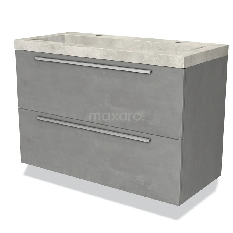 Grijze badkamermeubelset met betonlook, twee lades en een dubbele wastafel; modern design voor een stijlvolle badkamer.