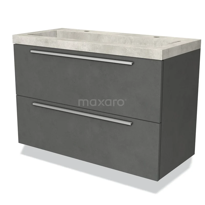 Grijze badkamermeubelset met dubbel betonnen wastafelblad, strakke lades en metalen handgrepen, modern en minimalistisch design.