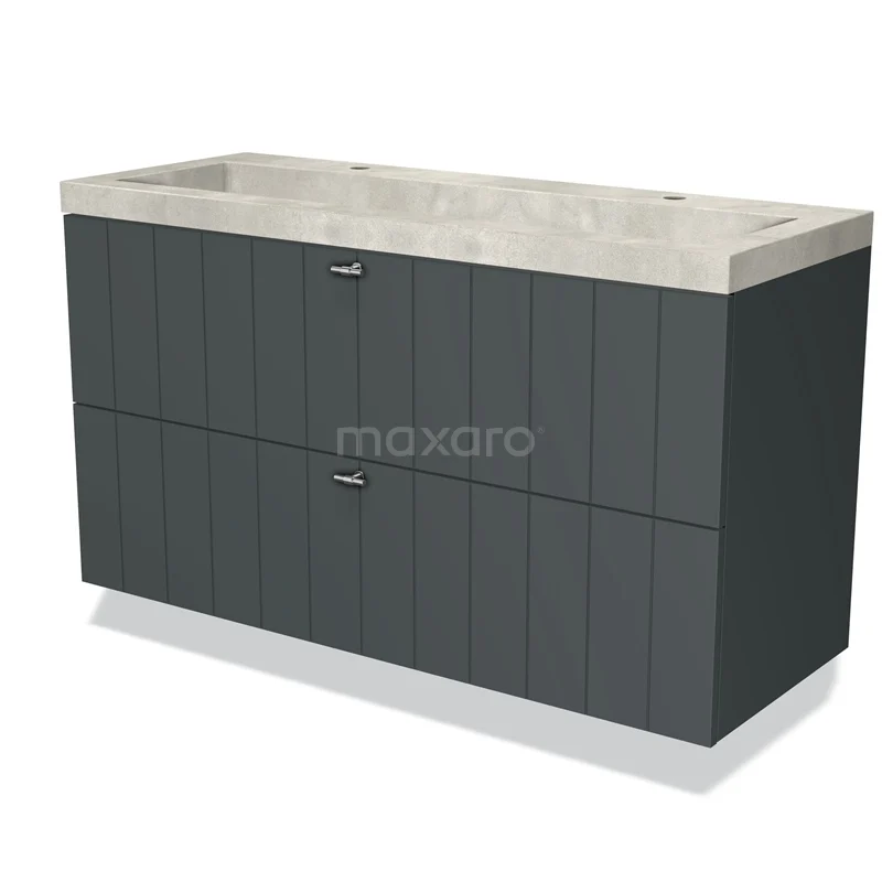 Donkergrijs badkamermeubel met verticale lijnen, dubbele lades en een marmeren wastafel voor een moderne badkamerstijl.