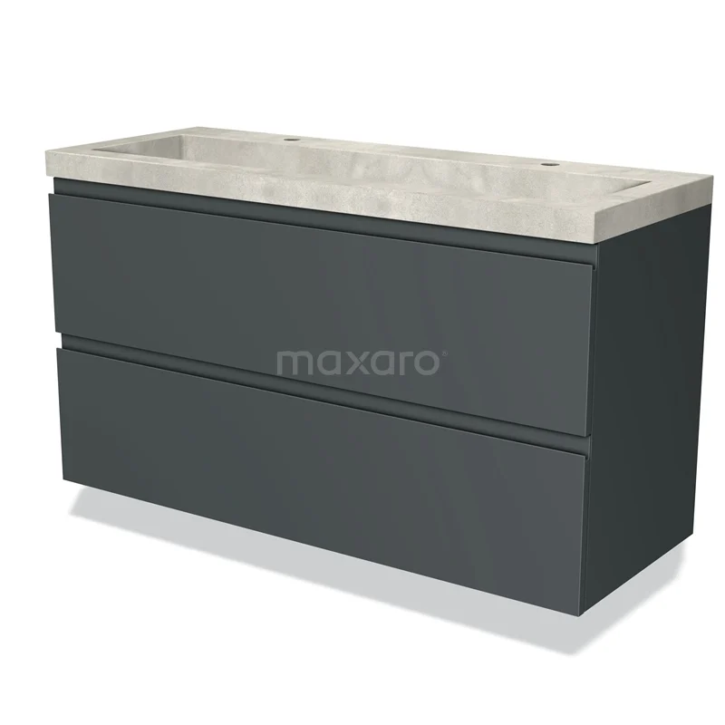 Antraciet wastafelmeubel met dubbele betonlook wastafel, strak design, ideaal voor moderne badkamers.