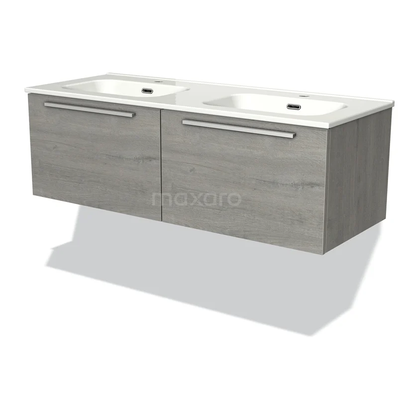 Houten badkamermeubel met dubbele wastafel en grijze afwerking, perfect voor een stijlvolle en moderne badkamer.