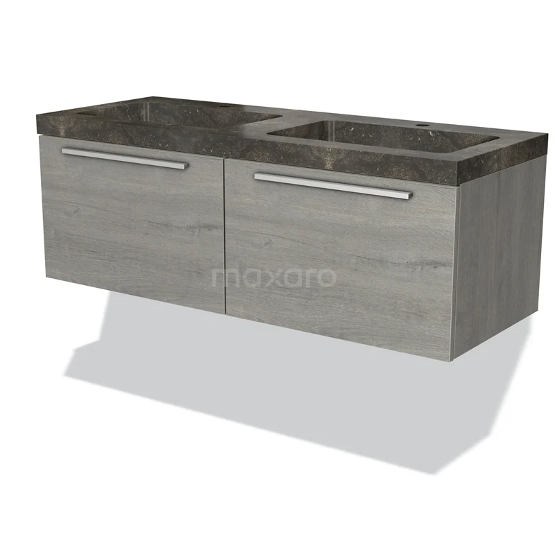 Grijze badkamermeubel met dubbele donkere marmeren wastafel, hangend design en moderne zilverkleurige handgrepen.