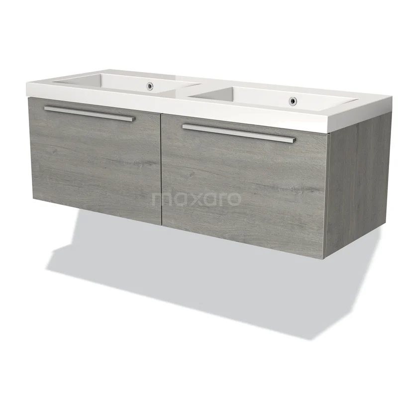 Grijs houten dubbele wastafel met witte keramische wasbak, modern design, ideaal voor een stijlvolle badkamer inrichting.