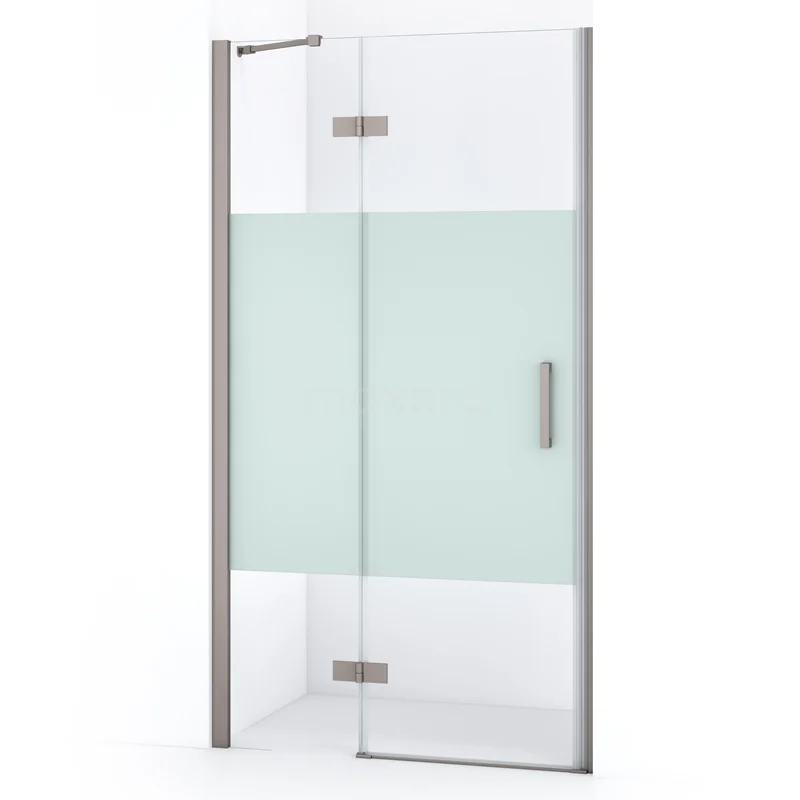 Duschtür Diamond 90cm aus klarem Sicherheitsglas mit mattem Streifen aus gebürstetem Edelstahl DDB21361213BR Glasdouchedeur mit mattem Privatsphärebereich, Edelstahl-Scharnieren und Haltegriff, geeignet für moderne Bäder.