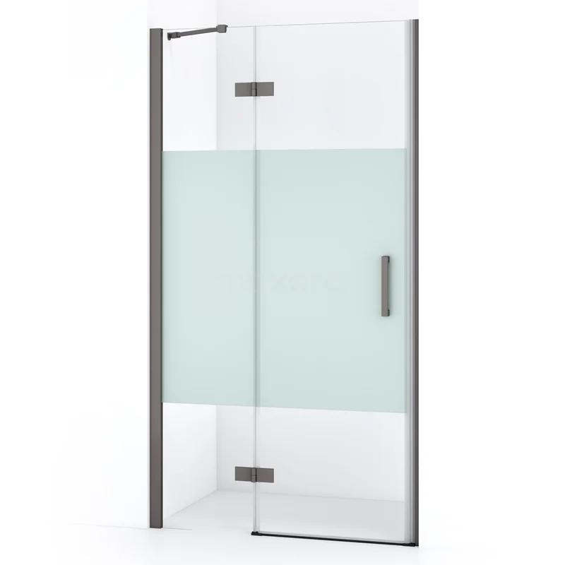 Glass shower door with frosted glass privacy panel, aluminium profile and modern design; ideal for stylish bathroom decoration.