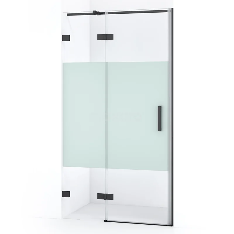 Glass shower door with frosted middle panel, black metal hinges and Handle, ideal for modern bathroom design.