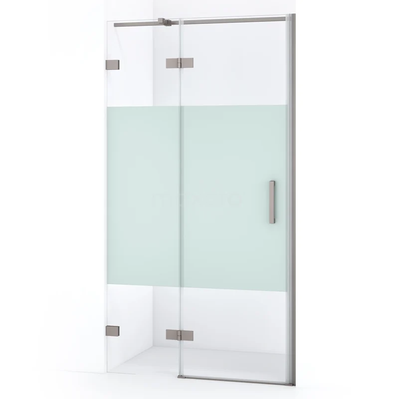 Duschtür Diamond 90cm aus klarem Sicherheitsglas mit mattem Streifen aus gebürstetem Edelstahl DDB21361323BR Glas Duschwand mit Matt Weiß Mittelteil, metallischen Scharnieren und Haltegriff; stilvolle Badezimmerabtrennung.