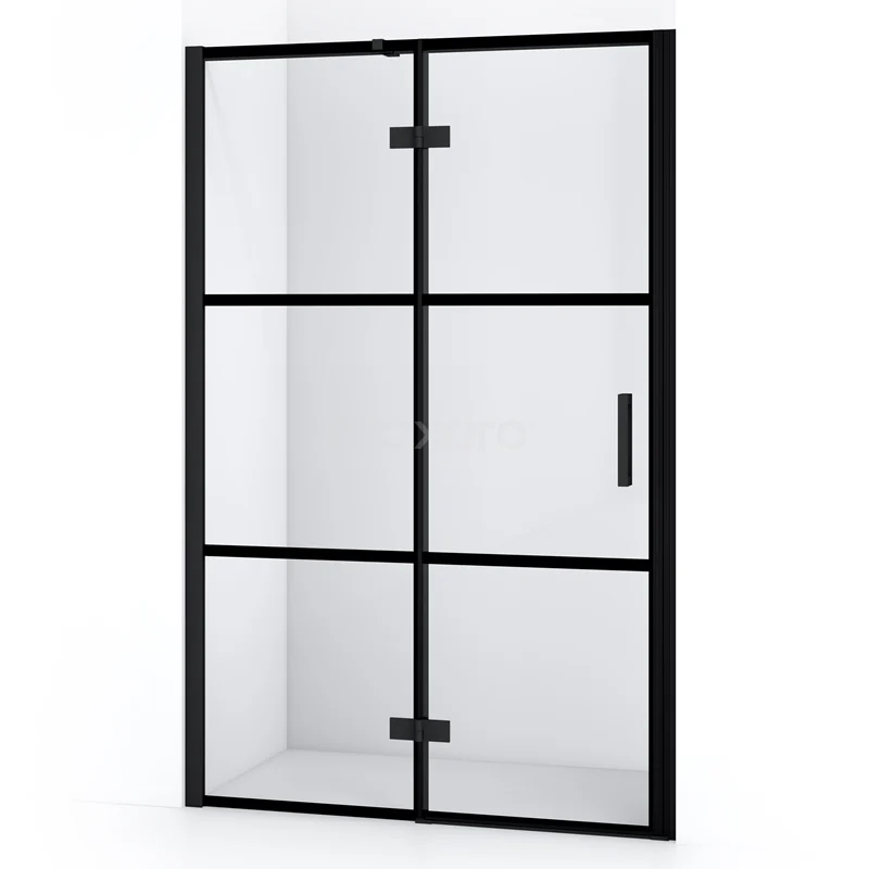 Duschtür Diamond 120cm aus klarem Sicherheitsglas mit schwarzen Streifen Matt Schwarz DDB21661318MB Schwarze industrielle Duschwand mit Glas und Metallrahmen, modernes Badezimmerdesign, geeignet für eine stilvolle Dusche.