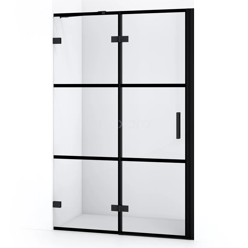 Matte black shower screen with glass and industrial look, ideal as a stylish room divider in modern bathrooms.