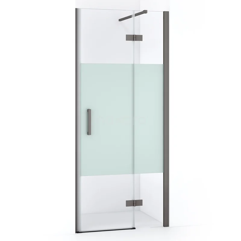 Glass shower door with frosted glass, black metal profiles and Handle, ideal for modern bathroom design.