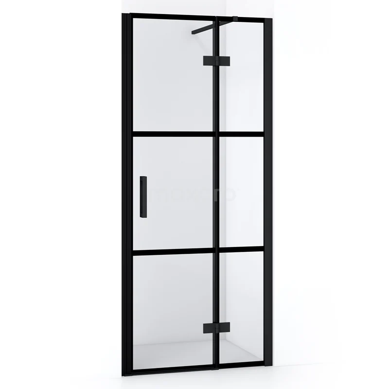Black shower door with matte black frame and frosted glass, industrial design, ideal for a modern bathroom style.