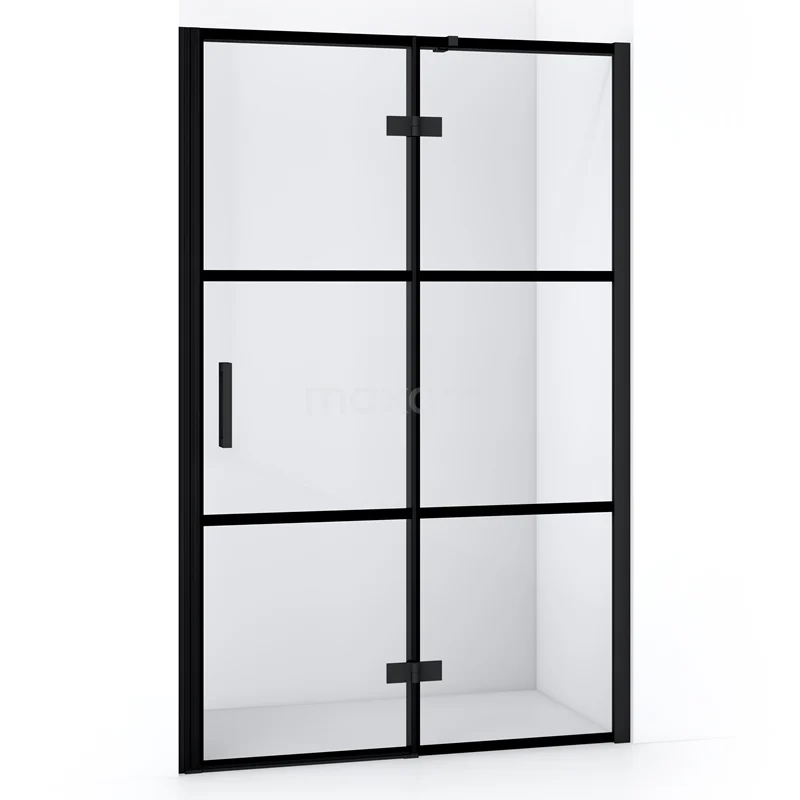 Duschtür Diamond 110cm aus klarem Sicherheitsglas mit schwarzen Streifen Matt Schwarz DDB22651318MB Schwarze industrielle Duschtür mit Klarglas, Metallrahmen und Scharnieren; moderner Badezimmerstil.