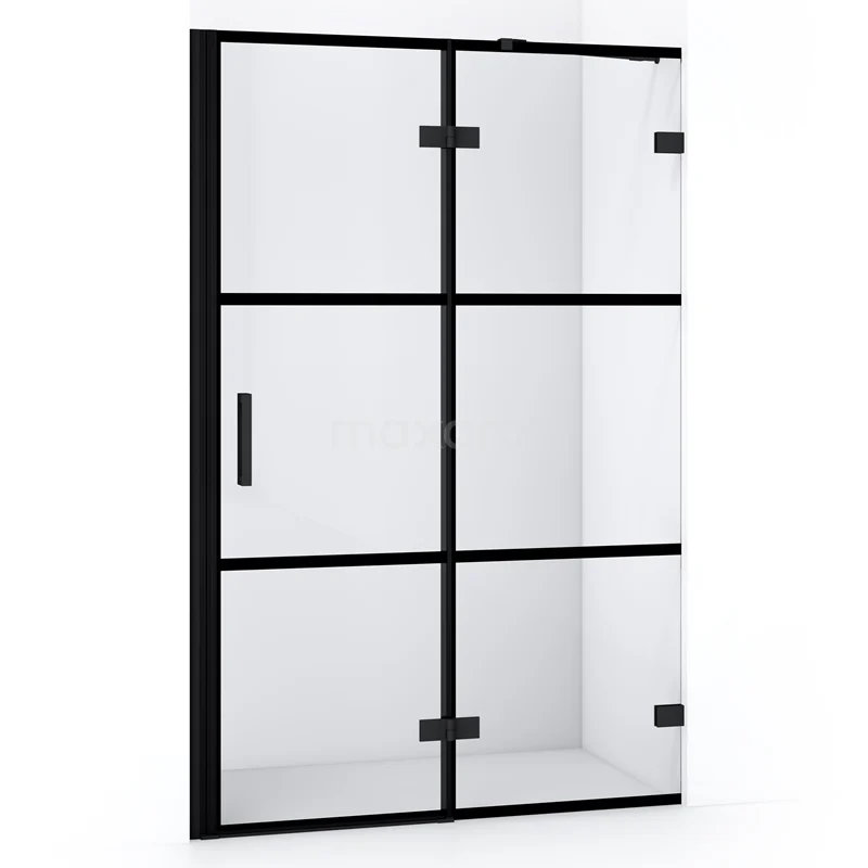 Duschtür Diamond 110cm aus klarem Sicherheitsglas mit schwarzen Streifen Matt Schwarz DDB22652228MB Schwarze industrielle Duschwand mit Klarglas und metallischem Raster, ideal für einen modernen Badezimmerstil.