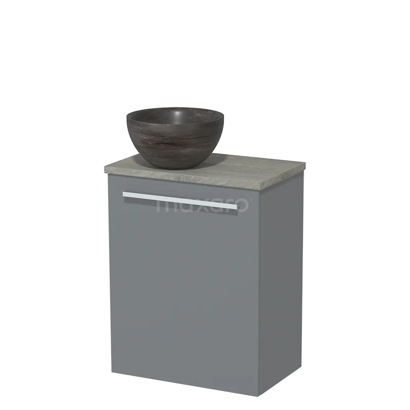 WC-Möbel mit Aufsatzwaschbecken | 41 cm Mittelgrau Flache Front Blaustein Naturstein Aufsatzwaschbecken Graue Eiche TMK10-07325 Grauer Badschrank mit einer Holzoptik Waschtischplatte und einem runden, dunkelgrauen keramischen Aufsatzwaschbecken.