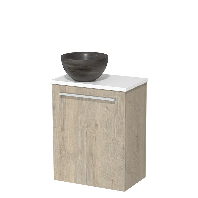 Houten badkamerkast met witte bovenblad en zwarte komvormige wastafel, compact design, ideaal voor moderne badkamers.