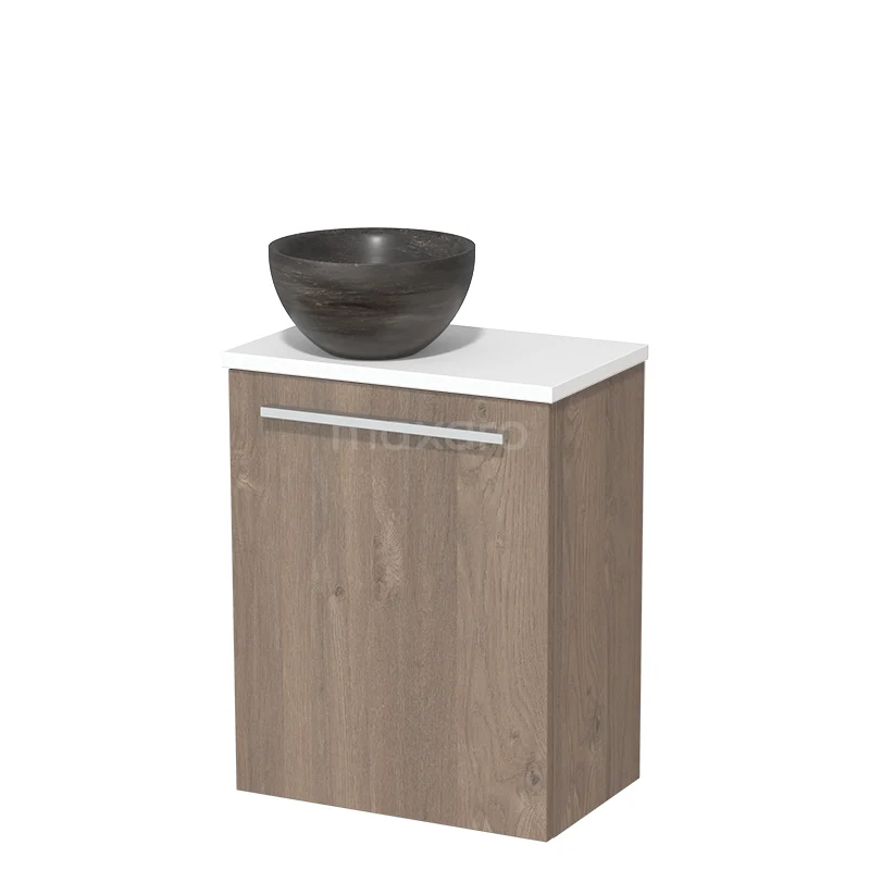WC-Möbel mit Aufsatzwaschbecken | 41 cm Mittelbraune Eiche Glatte Front Blaustein Naturstein Aufsatzwaschbecken Matt Weiß Platte TMK10-07579 Holz Badschrank mit modernem Waschbecken in dunkler Keramik, kompaktem Design und weißer Platte für ein stilvolles Badezimmer.