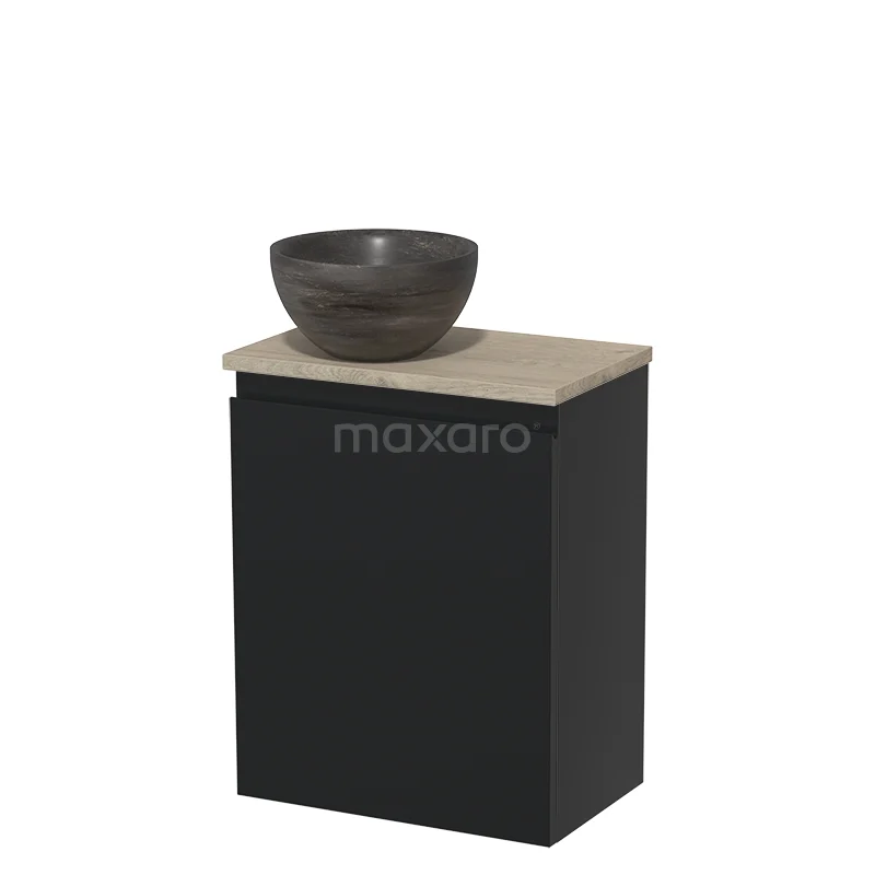 Zwart badkamermeubel met houtlook blad en ronde, grijze waskom; compact design voor moderne badkamerstijl.