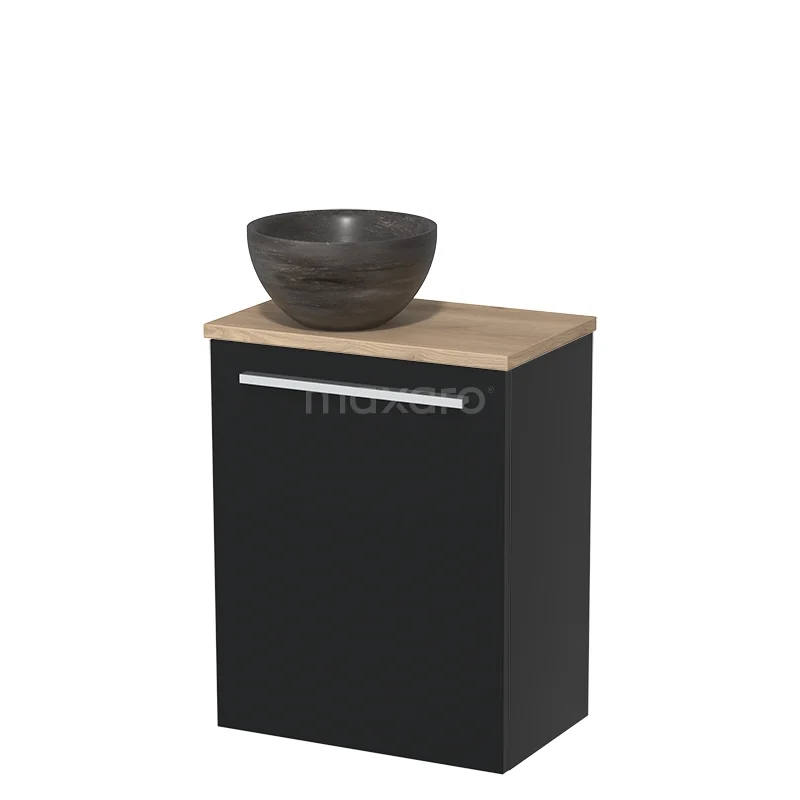 Zwarte badkamerkast met houten blad en donkergrijze wastafelkom, modern design voor stijlvolle badkameropbergoplossingen.