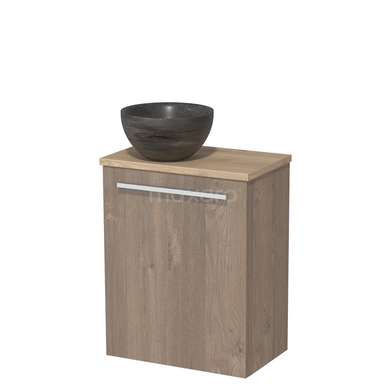 Houten badkamerkast met wastafelkom, grijs eiken afwerking, compact design ideaal voor moderne badkamers.