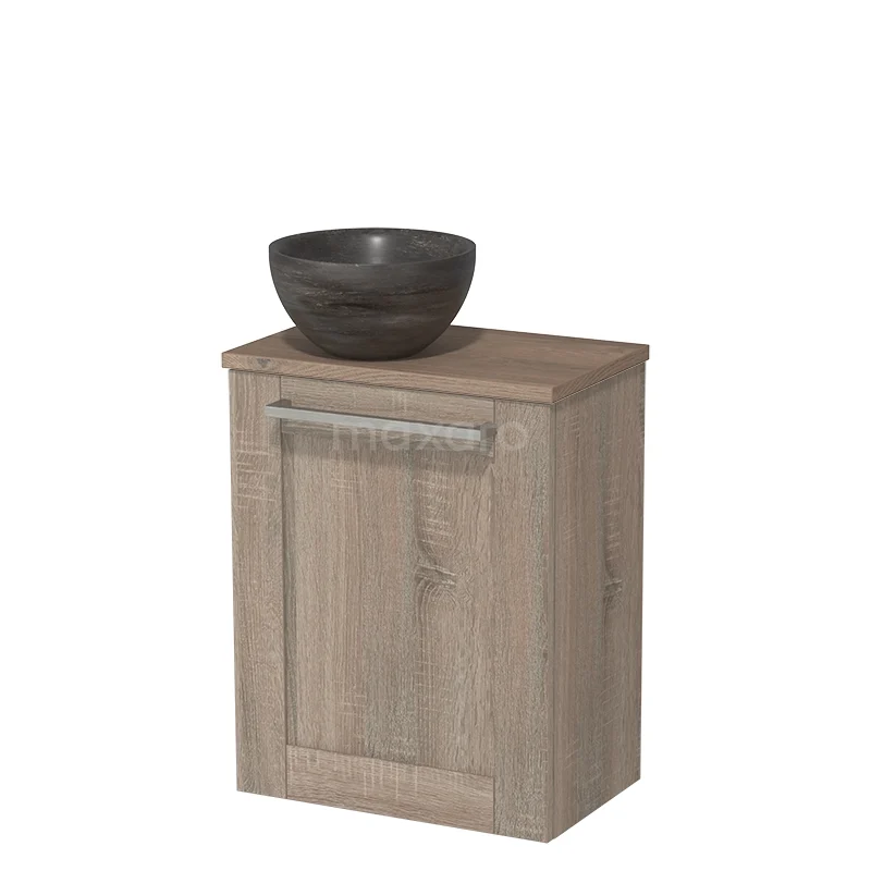 Houten badkamerkast met grijze waskom, compacte design-oplossing, ideaal voor kleine badkamers, met houtnerfafwerking.