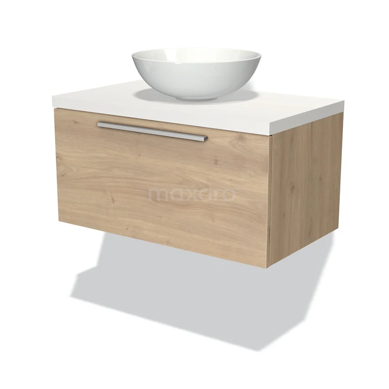 Badmöbel für Waschtischunterschrank mit Konsole 80cm Modulo Plato Hellbraune Eiche 1 Schublade Flach Matt Weiß Platte BMK11-01305 Holz Badezimmermöbel mit Schublade, weißem Waschbecken, Wandmontage, modernes Design, ideal für einen klaren Badezimmerraum.