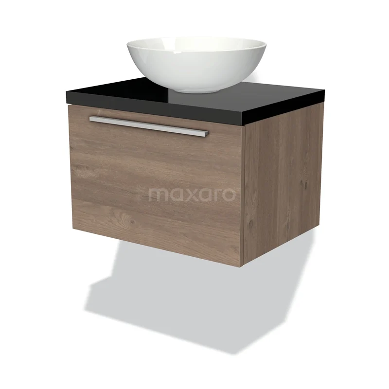 Badmöbel für Waschtischunterschrank mit Konsole 60cm Modulo Plato mittelbraune Eiche 1 Schublade Flach Hochglanz Schwarz Platte BMK11-01387 Holz schwebendes Badezimmermöbel mit schwarzer Oberseite und rundem weißen Aufsatzwaschbecken, ideal für eine moderne Bäder-Setup.