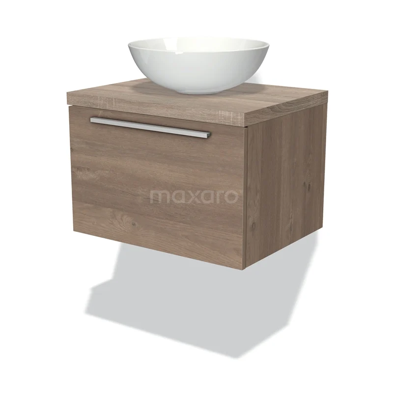 Badmöbel für Waschtischunterschrank mit Konsole 60cm Modulo Plato mittelbraune Eiche 1 Schublade flache Platte aus Eiche BMK11-01389 Holz-Badmöbel mit weißem rundem Aufsatzwaschbecken, hängendes Design und metallischem Haltegriff, ideal für moderne Badezimmergestaltung.