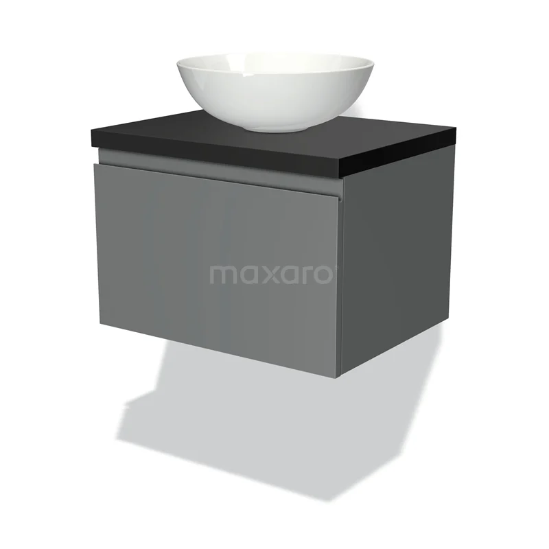 Badmöbel für Aufsatzwaschbecken 60cm Modulo Plato Mittelgrau 1 Schublade grifflos Matt Schwarz Platte BMK11-00287 Grau schwebendes Badmöbel mit schwarzer Oberseite und weißer Waschbecken; modernes Design, perfekt für zeitgemäße Bäder.