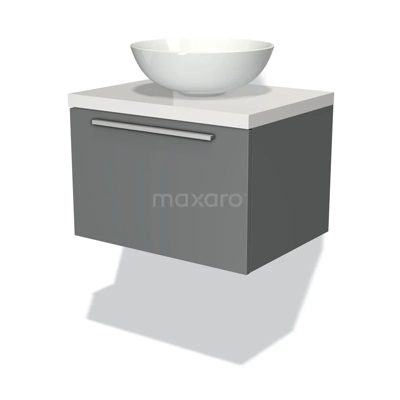 Badmöbel für Waschtischunterschrank mit Konsole 60cm Modulo Plato Mittelgrau 1 Schublade Flach Hochglanz Weiß Platte BMK11-00288 Grau hängendes Badezimmermöbel mit weißem keramischen Aufsatzwaschbecken, schlichtes Design und metallischem Haltegriff, ideal für moderne Bäder.