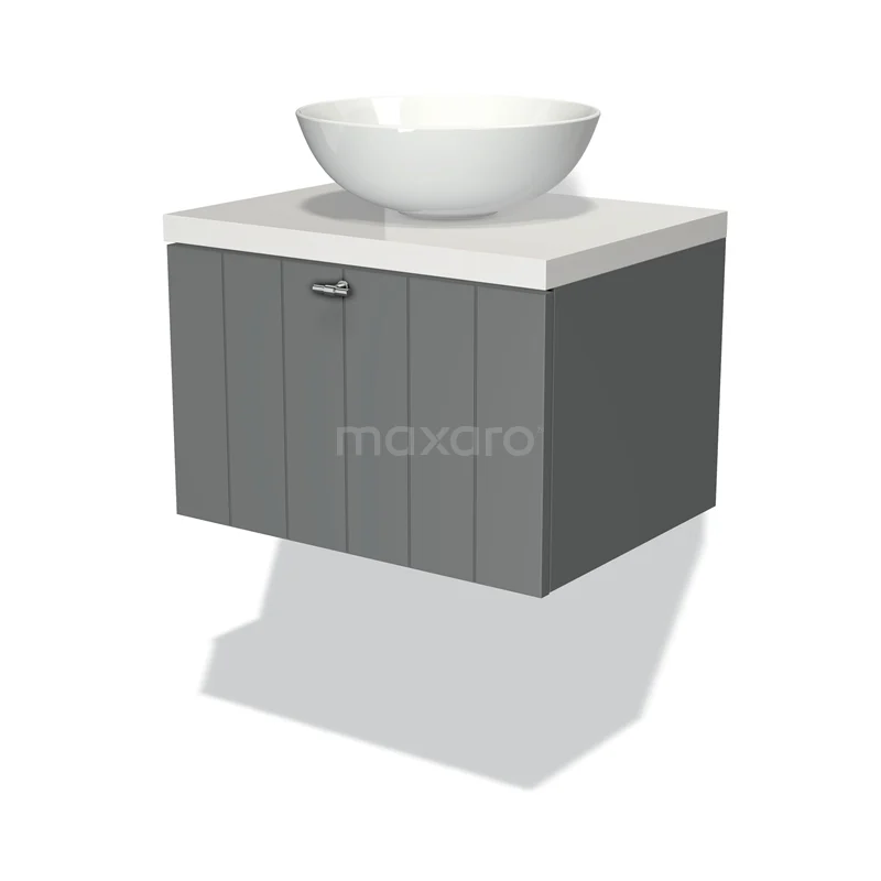 Badmöbel für Waschtischunterschrank mit Konsole 60cm Modulo Plato Mittelgrau 1 Schublade Lamelle Hochglanz Weiß Platte BMK11-00289 Grauer hängender Badschrank mit weißem Steinausatzwaschbecken, modernem Holzlook und minimalistischem Design.