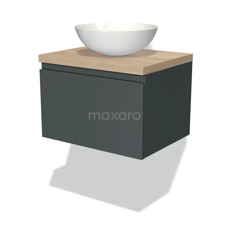 Modulo Plato Vanity units for countertop basin | 60 cm Dark grey Handle-less front Light brown oak worktop 1 drawer BMK11-00776