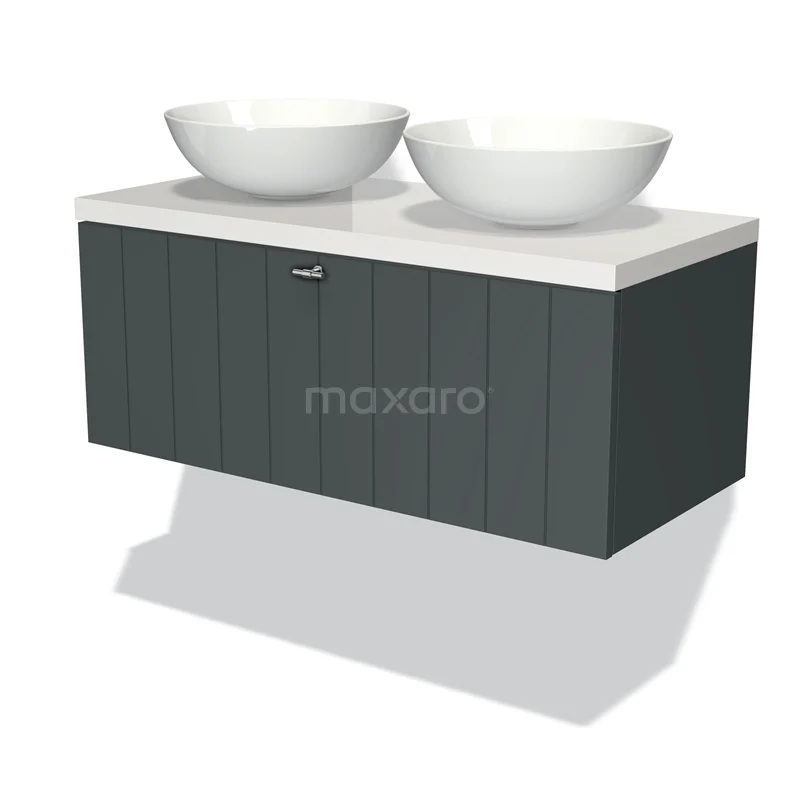 Badmöbel für Waschtischunterschrank mit Konsole 100cm Modulo Plato Dunkelgrau 1 Schublade Lamelle Hochglanz Weiß Platte BMK11-00838 Zwevend Schwarz Badmöbel mit doppelten weißen Aufsatzwaschbecken, Breite 120 cm, modernes Design mit Holzmaserungsstruktur.