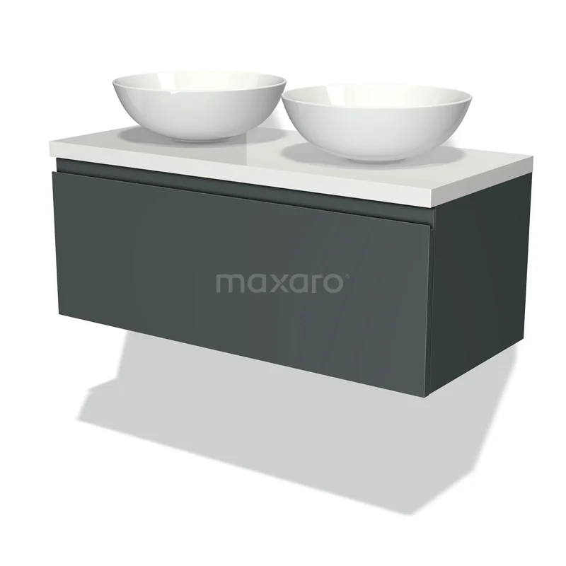 Badmöbel für Waschtischunterschrank mit Konsole 100cm Modulo Plato Dunkelgrau 1 Schublade Grifflos Hochglanz Weiß Platte BMK11-00839 Graues schwebendes Badezimmermöbel mit doppeltem weißen komförmigen Waschbecken-Design, modern und elegant für stilvolle Badezimmergestaltung.