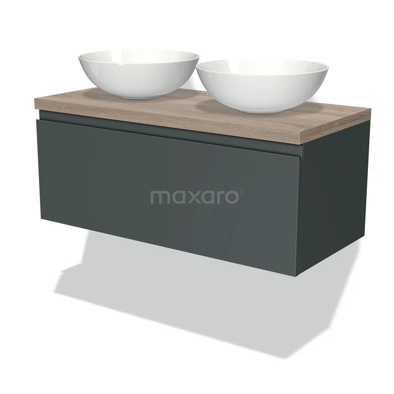 Badmöbel für Waschtischunterschrank mit Konsole 100cm Modulo Plato Dunkelgrau 1 Schublade Grifflos Eiche Platte BMK11-00848 Zwevende antrazit Badmöbel mit Holzplatte und zwei weißen Aufsatzwaschbecken, modernes Design für elegante Badezimmerstil.