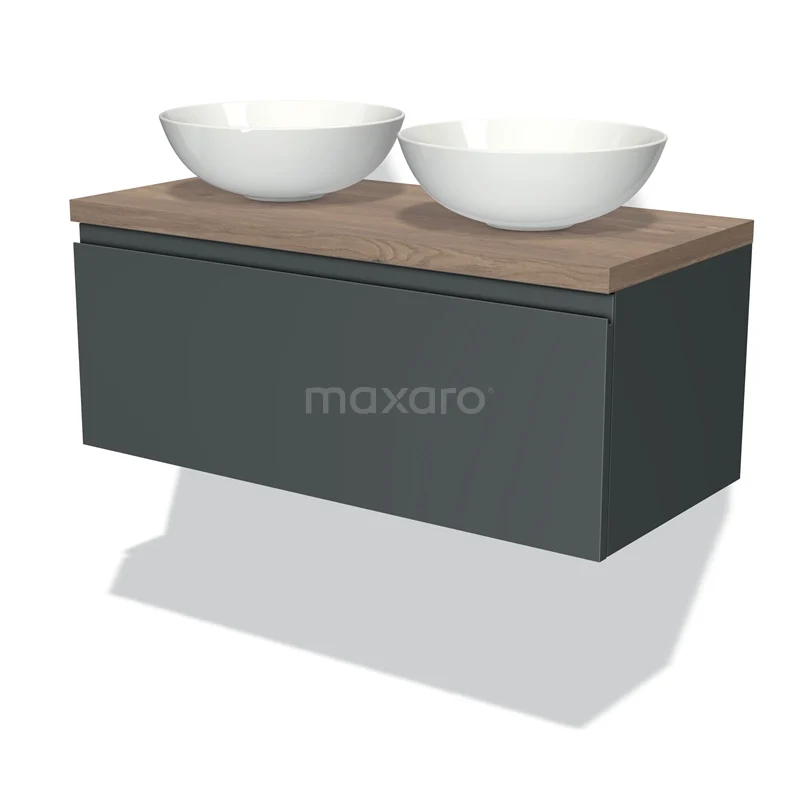 Moderne badkamermeubelset met donkergrijze lade, houten blad en twee witte opbouw wastafels; ideaal voor stijlvolle badkamers.