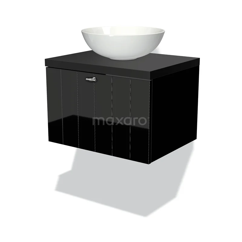 Badmöbel für Waschtischunterschrank mit Konsole 60cm Modulo Plato Hochglanz Schwarz 1 Schublade Lamelle Matt Schwarz Platte BMK11-00910 Schwarze Badmöbelset mit glänzender Oberfläche, keramischer schalenförmiger Waschbecken und Softclose-Schublade für moderne Bäder.