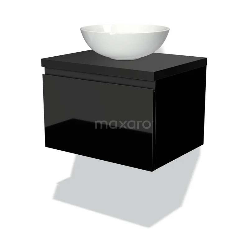 Badmöbel für Waschtischunterschrank mit Konsole 60cm Modulo Plato Hochglanz Schwarz 1 Schublade grifflos Matt Schwarz Platte BMK11-00911 Schwarzes hängendes Badmöbelset mit glänzendem Schublade und weißem keramischen Aufsatzwaschbecken, modernes Design.