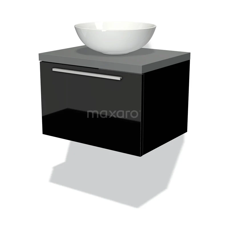 Badmöbel für Waschtischunterschrank mit Konsole 60cm Modulo Plato Hochglanz Schwarz 1 Schublade Flach Mittelgrau Platte BMK11-00912 Schwarzer schwebender Badschrank mit grauer Platte und weißem Aufsatzwaschbecken, modernes Design in glänzender Ausführung.