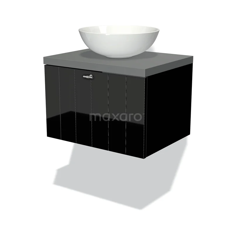 Modulo Plato Vanity units for countertop basin | 60 cm High-gloss black Slat front Mid grey worktop 1 drawer BMK11-00913