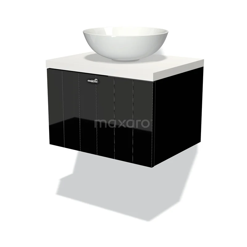 Badmöbel für Waschtischunterschrank mit Konsole 60cm Modulo Plato Hochglanz Schwarz 1 Schublade Lamelle Matt Weiß Platte BMK11-00919 Schwarzer schwebender Badschrank mit glänzender Oberfläche und weißem Aufsatzwaschbecken, modernes Design für ein stilvolles Badezimmer.