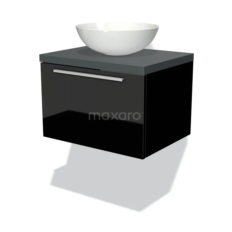 Badmöbel für Waschtischunterschrank mit Konsole 60cm Modulo Plato Hochglanz Schwarz 1 Schublade Flach Dunkelgrau Platte BMK11-00921 Waschtisch Schwarz Hochglanz mit metallischem Haltegriff, keramischer Schüssel und schwebender Montage für moderne Bäder.